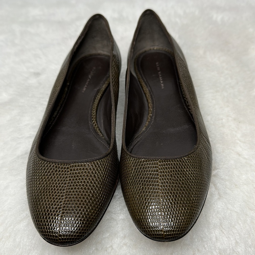 Elie Tahari Deep Olive Green Snakeskin Leather Flats size 38/US 8